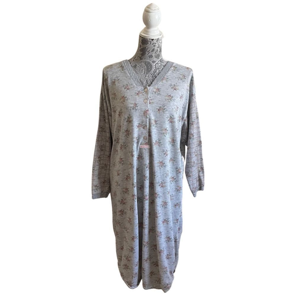 VINTAGE Sasson Intimates Floral Print Nightgown Gray One Size